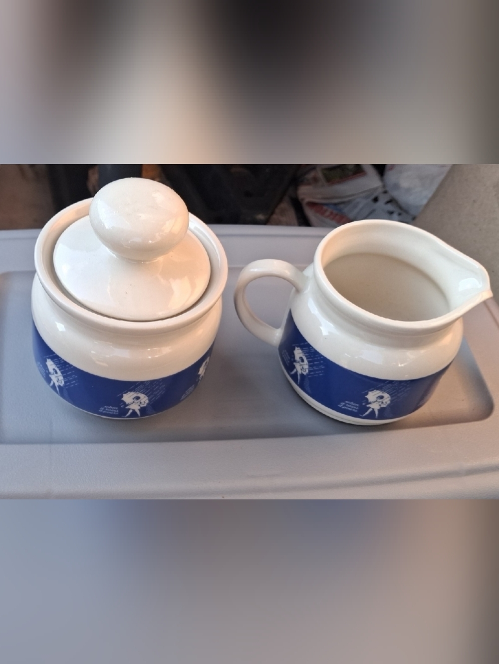 Morton Salt When It Rains It Pours 3 Piece White Ceramic Sugar Creamer Set Blue
